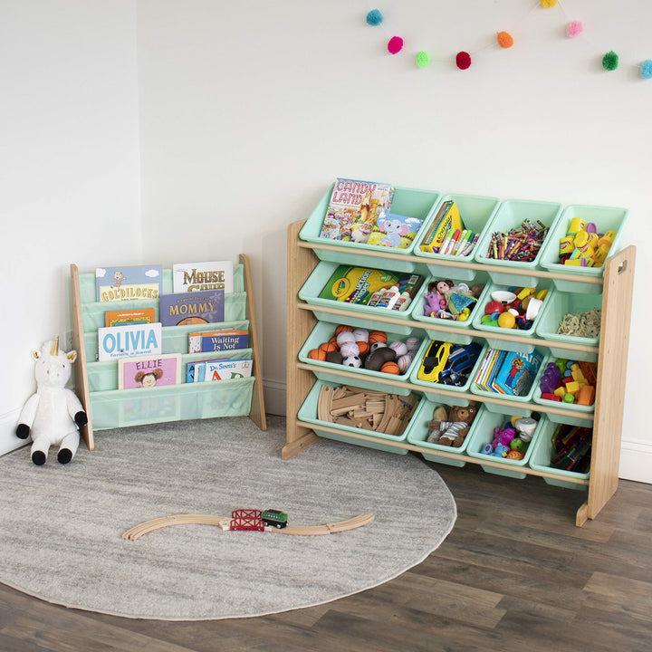 Humble Crew, 4 tier, Natural/White Kids Book Rack Storage Bookshelf with Deep Sleeves, Universal Natural Wood/White