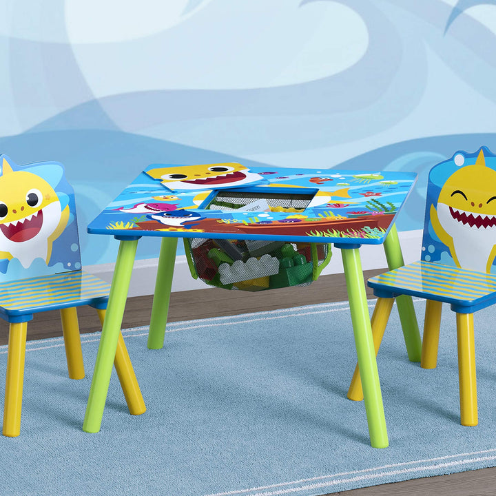 Delta Children Kids Table Storage (2 Chairs Included) -Ideal for Arts & Crafts, Snack Time, Homeschooling, Homework & More, Baby Shark, 3 Piece Set