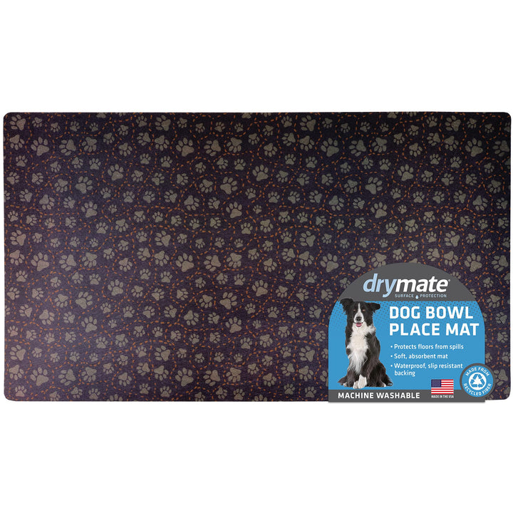 Drymate Pet Bowl Placemat, Dog & Cat Food Feeding Mat - Absorbent Fabric, Waterproof Backing, Slip-Resistant - Machine Washable/Durable (USA Made) (16” x 28”) (Paw Path Tan) Large (16" x 28") Paw Path Tan