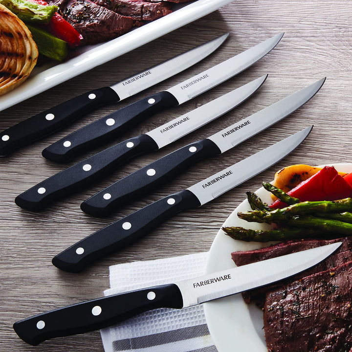 Farberware Triple Riveted Steak Knife Set, 6-Piece, High-Carbon Stainless Steel Knife Set, Razor-Sharp Steak Knife Set with Fine Edge Blades, Black 6 Piece