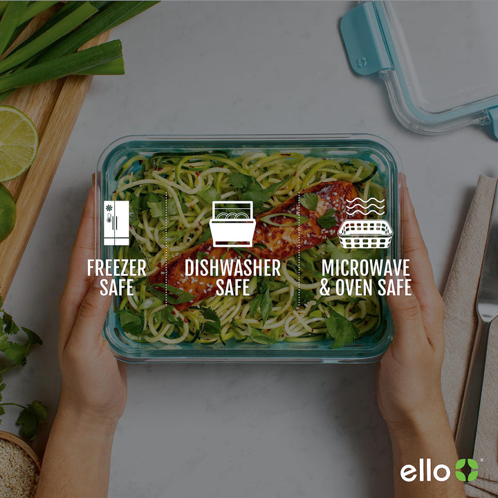 Ello Duraglass Meal Prep Container, 3.4 cup- Glass Food Storage Container with Silicone Sleeve and Airtight BPA-Free Plastic Lid, Dishwasher, Microwave, and Freezer Safe, Halogen Blue