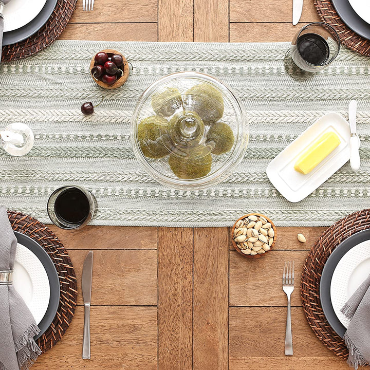 DII Farmhouse Braided Stripe Table Runner Collection, 15x72 (15x77, Fringe Included), Artichoke Green