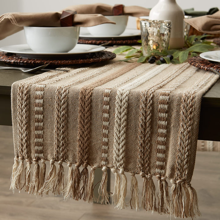 DII Farmhouse Braided Stripe Table Runner Collection, 15x108 (15x113, Fringe Included), Stone