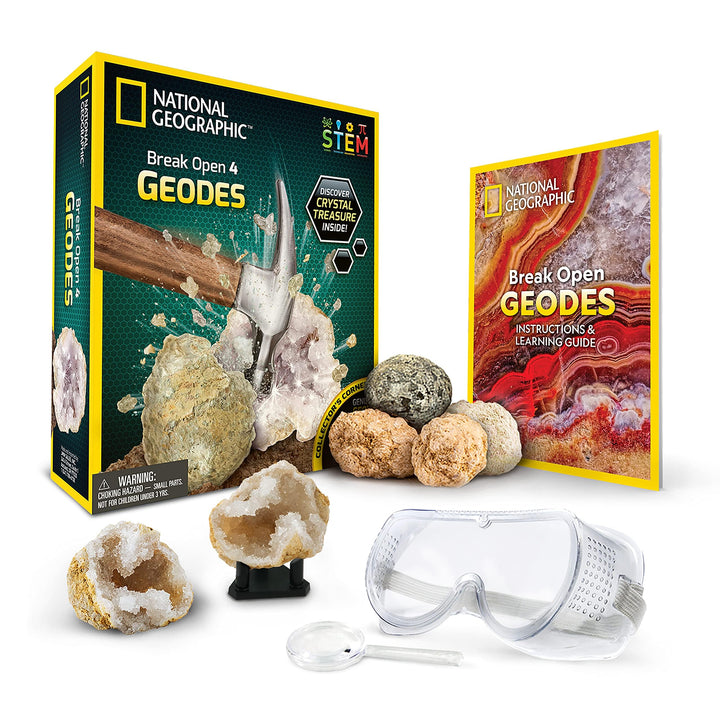 NATIONAL GEOGRAPHIC Break Open 4 Geodes Science Kit – Includes Goggles and Display Stand - STEM Science Gift for Boys and Girls, Break Your Own Geodes with Crystals ( Exclusive) 4 Geodes Kit