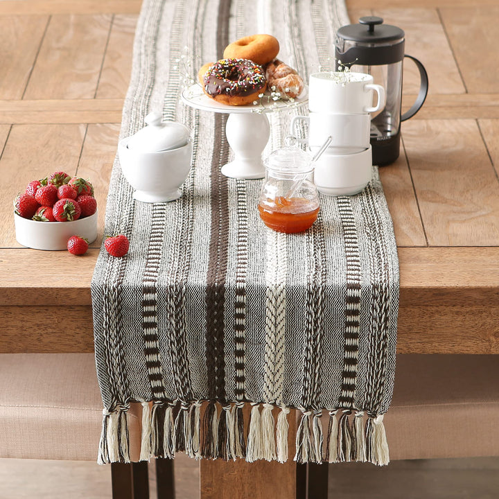 DII Farmhouse Braided Stripe Table Runner Collection, 15x72 (15x77, Fringe Included), Dark Brown 15x72" (15x77", Fringe Included) Striped