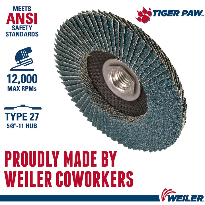 Weiler 51156 5" Tiger Paw Abrasive Flap Disc, Flat (Ty27), Phenolic Backing, 40Z, 5/8"-11 UNC Nut (Pack of 10) 40 Grit Performance Steel / Metal