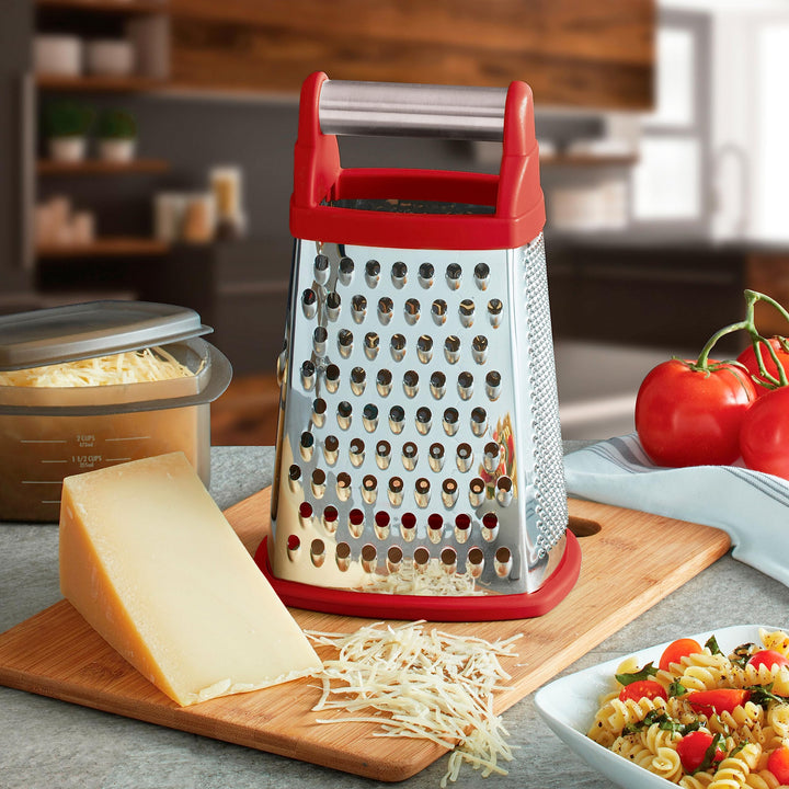 KitchenAid Gourmet 4-Sided Stainless Steel Box Grater for Fine, Medium and Coarse Grate, and Slicing, Detachable 3 Cup Storage Container and Measurment Markings, Dishwasher Safe, 10 inches tall, Red