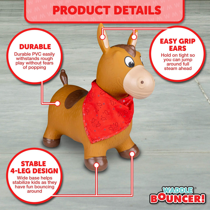 WADDLE Bouncy Hopper Inflatable Hopping Animal, Indoors and Outdoors Toy for Toddlers and Kids, Pump Included, Boys and Girls Ages 2 Years and U (Brown Horse) Brown Horse