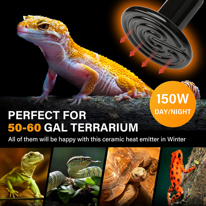 HealSmart Reptile Heat Lamp Bulb Ceramic Heat Emitter 150W No Light Emitting Brooder Coop Heater for Amphibian Pet & Incubating Chicken, Black