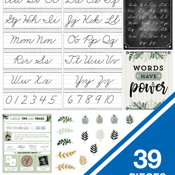 Carson Dellosa 39-Piece Farmhouse Cursive Alphabet and Number Line Bulletin Board Set, Cursive Alphabet Wall Strip and Number Line, Cursive Classroom Poster, and Modern Farmhouse Classroom Cutouts