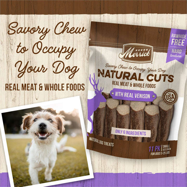 Merrick Natural Cuts Chicken Free Non Rawhide Small Dog Treats, Hard Texture Chew Sticks With Real Venison - 11 ct. Pouches(Pack of 1) Small Dog (5-25 LBS) 11 Count (Pack of 1)