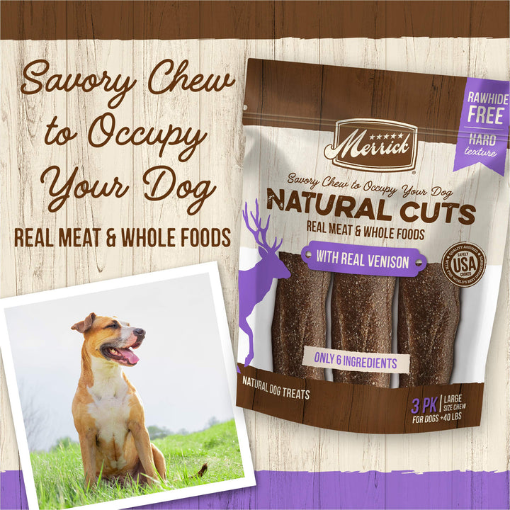 Merrick Natural Cuts Chicken Free Non Rawhide Large Breed Dog Treats, Hard Texture Chew Sticks With Venison - (Pack of 6) 3 ct. Pouches