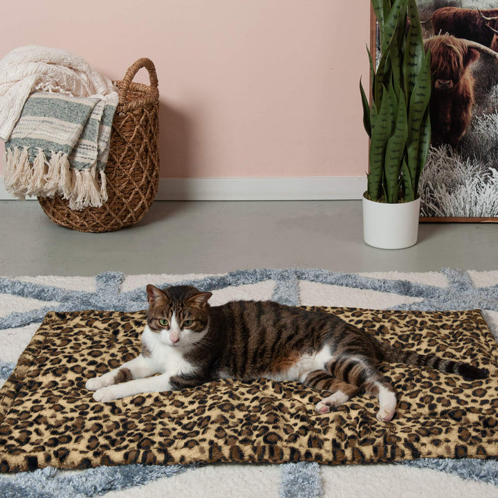 Furhaven ThermaNAP Self-Warming Cat Bed for Indoor Cats & Large/Medium Dogs, Washable & Reflects Body Heat - Quilted Faux Fur Reflective Bed Mat - Leopard, Large ThermaNAP Pad - Quilted Faux Fur (Leopard) 36.0"L x 24.0"W x 0.3"Th Self-Warming Only