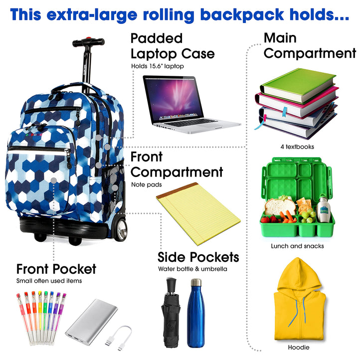 J World New York Sundance Rolling Backpack Girl Boy Roller Bookbag, Retro Bloom, 20 Inch