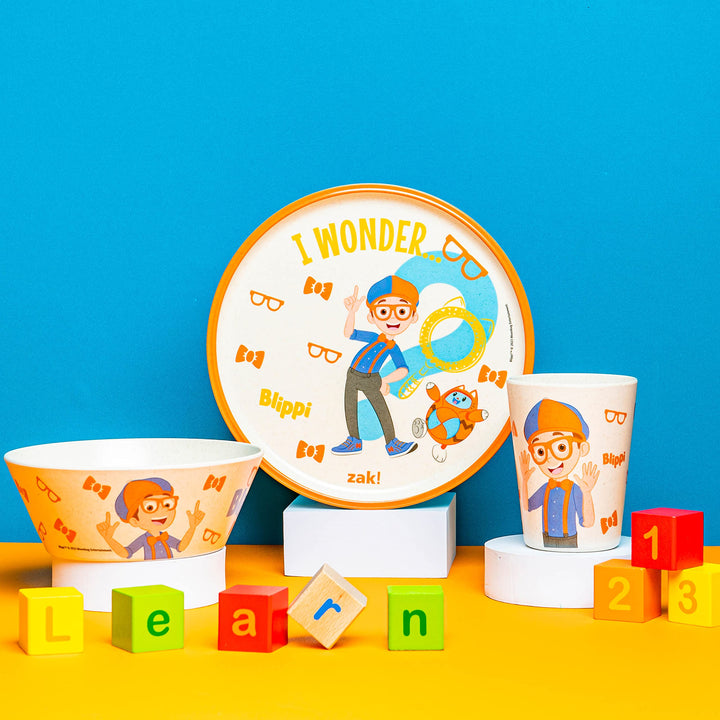 Zak Designs Blippi Kids Dinnerware Set 3 Pieces, Durable and Sustainable Melamine Bamboo Plate, Bowl, and Tumbler are Perfect For Dinner Time With Family (Blippi, TABBS) 8" Plate, 6" Bowl, 10oz Tumbler