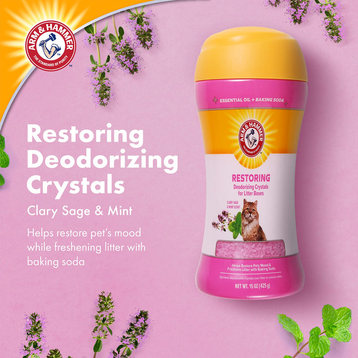 Arm & Hammer Restoring Cat Litter Box Deodorizing Crystals, Clary Sage & Mint Scent - Cat Smell Eliminator for Home, Odor Control, Cat Litter Crystals, Cat Essentials, 15 Ounce Restoring - Clary Sage & Mint 15 Ounce (Pack of 1)