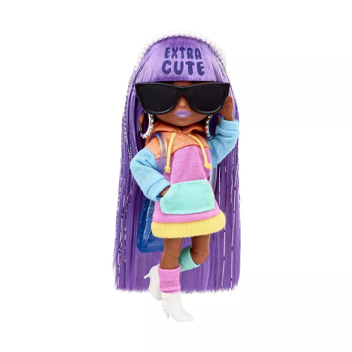 Barbie Extra Minis Doll & Accessories with Purple & Silver Hair, Toy Pieces Include Color-Block Hoodie Dress & Boots