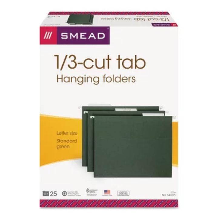 Smead 1/3 Cut Adjustable Positions Hanging File Folders, Green Letter, 25Ct.