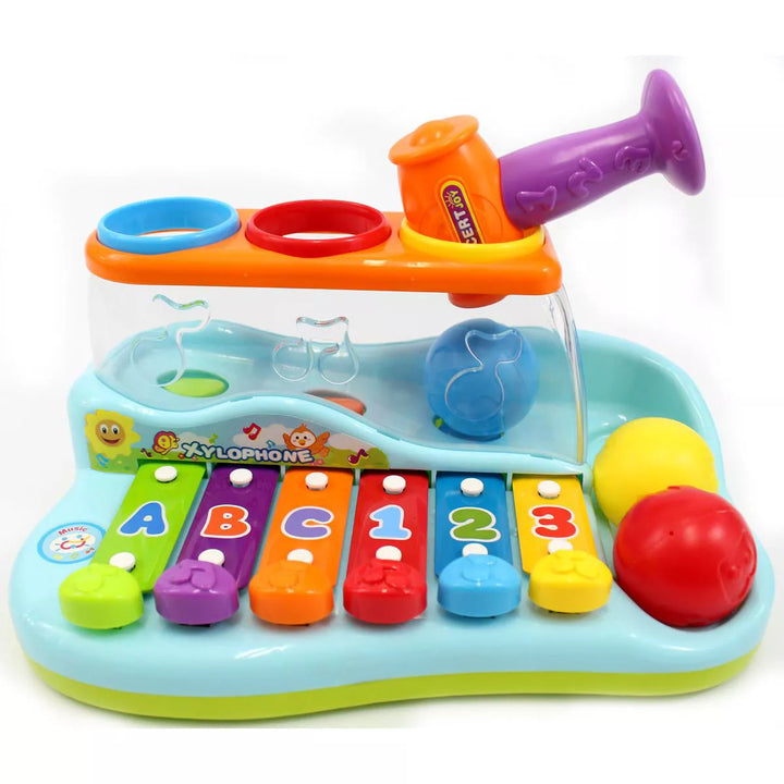 Link Rainbow Xylophone Piano Pounding Bench, Kids Musical Toy Instrument with Color Sorting Balls and a Hammer, Helps Develop Kids' Fine Motor Skills