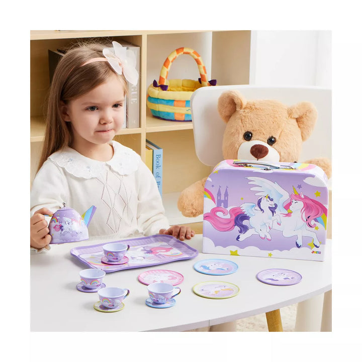 Unicorn Tea Party Set for Little Girls, Pretend Purple Tin Teapot Set, Princess Tea Time Play Kitchen Toy for Birthday Easter Gift Kids Toddler Age 3+