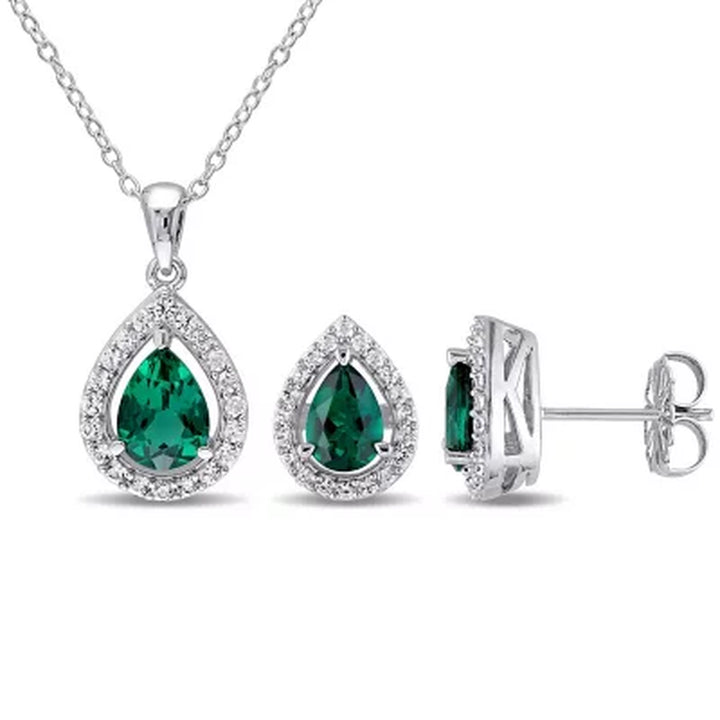 Created Gemstone Teardrop Halo Pendant and Stud Earrings Set in Sterling Silver