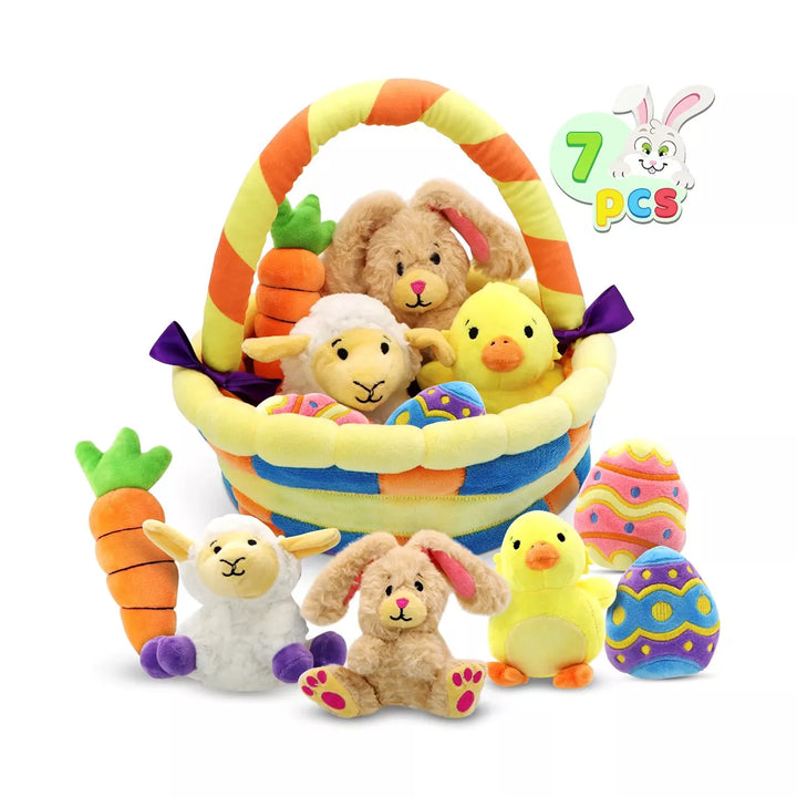 Syncfun 7PCS Basket for Easter Stuffed Plush Playset for Baby Kids Easter Theme Party Favor, Easter Eggs Hunt, Basket Stuffers Fillers