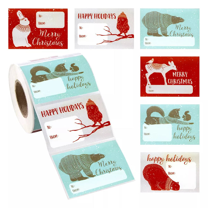 Paper Junkie 504 Pack Christmas Sticker Labels for Gifts, 6 Happy Holidays Winter Animal Designs (2 X 3 In)