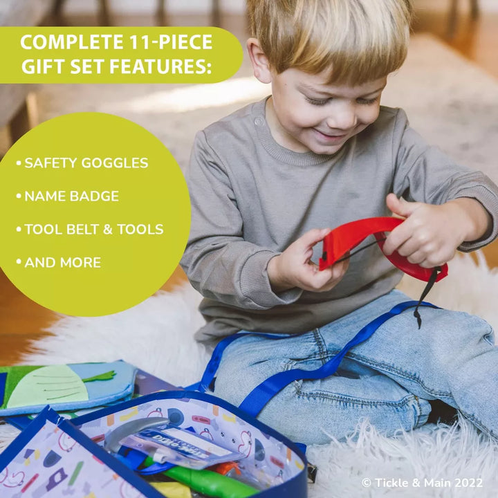 Tickle & Main Kids Tool Toys for Boys, 11 Pieces Construction Pretend Play for Toddlers, Story Book Gift Set with Tool Belt and Bag