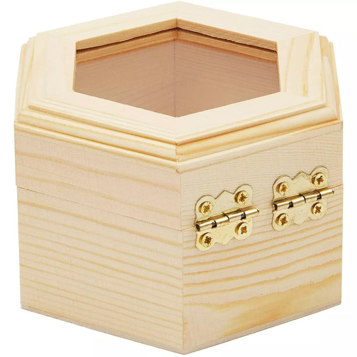 Juvale 3 Pack Unfinished Hexagon Wooden Box with Window and French Buckle for DIY Crafts, Jewelry Stroage and Wedding Souvenirs