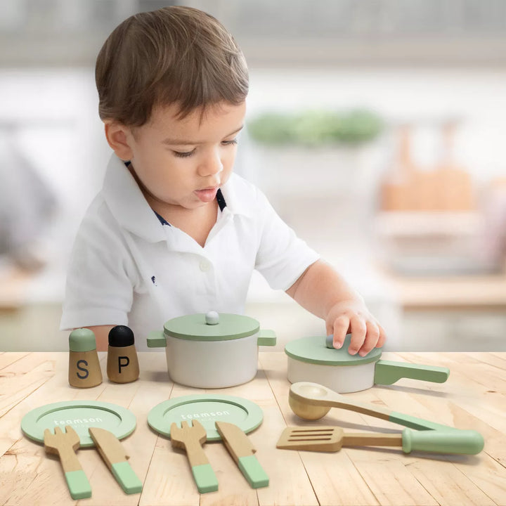 Teamson Kids Wooden Cookware Play Kitchen Toy Accessories Green 14 Pcs TK-W00009
