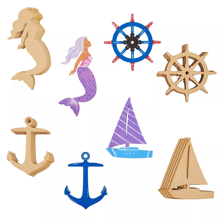 Genie Crafts 24 Pieces Unfinished Nautical Wood Cutouts for Crafts, Wooden Sailboat, Mermaid, Anchor, Ship Wheel for DIY Projects