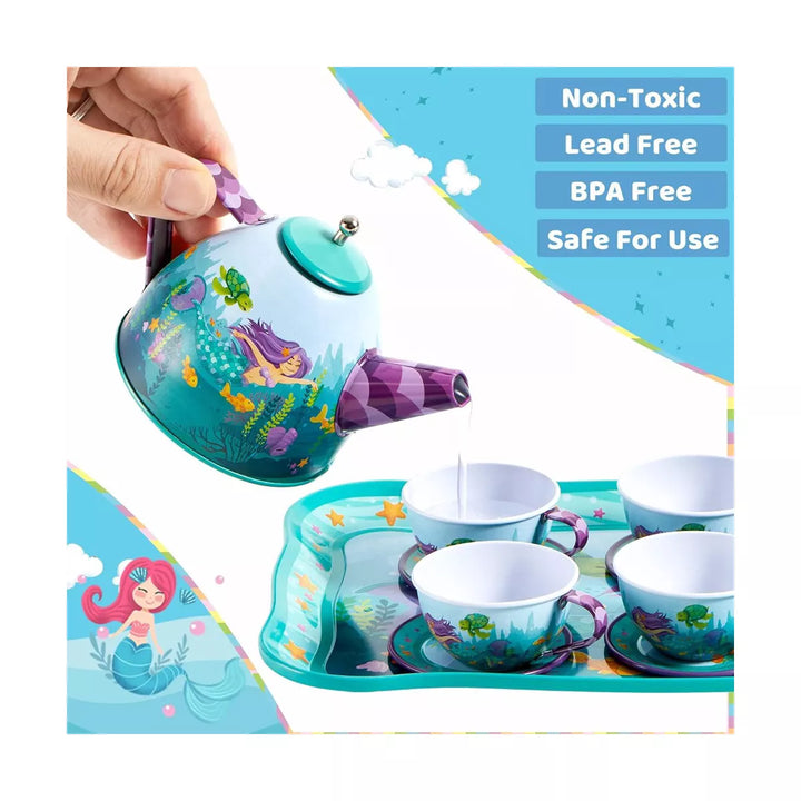 15Pcs Mermaid Tea Party Set for Little Girls with Tin Tea Set + Food & Carrying Case Set for Little Girls, Pretend Tin Teapot Set, Princess Tea Toy