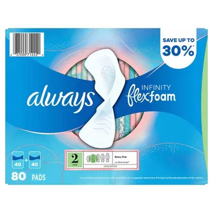 Always Infinity Flexfoam Heavy Flow Pads with Flexi-Wings, Unscented - Size 2, 80 Ct.