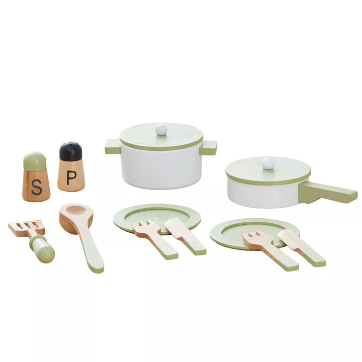 Teamson Kids Wooden Cookware Play Kitchen Toy Accessories Green 14 Pcs TK-W00009