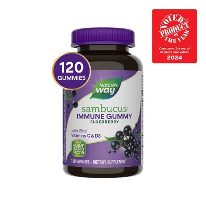 Nature’S Way Sambucus Immune Gummies, Elderberry, Vitamin C, Vitamin D3, Zinc, 120 Ct.