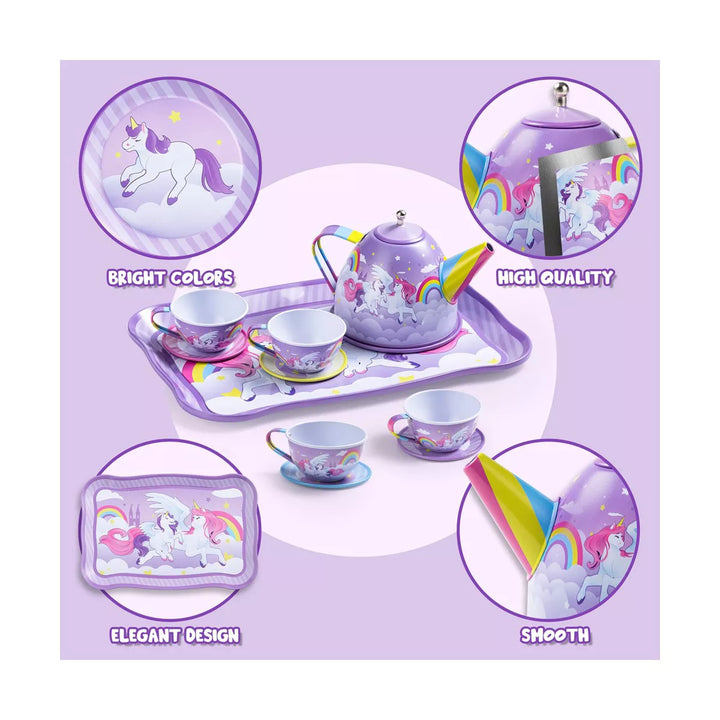 Unicorn Tea Party Set for Little Girls, Pretend Purple Tin Teapot Set, Princess Tea Time Play Kitchen Toy for Birthday Easter Gift Kids Toddler Age 3+