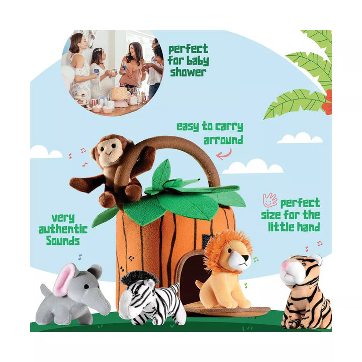 Baby Plush Talking Stuffed Animals Jungle 6 Pcs Set with Carrier for Kids Includes Jungle House, Elephant, Tiger, Lion, Zebra, and Monkey - Play22Usa