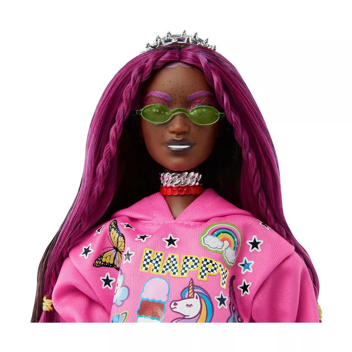 Barbie Extra Fashion Doll with Pink-Streaked Brunette Hair in Graphic Hoodie with Accessories & Pet