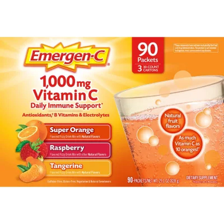 Emergen-C Drink Mix Variety Pack, Super Orange, Raspberry & Tangerine (29.1 Oz., 90 Ct.)