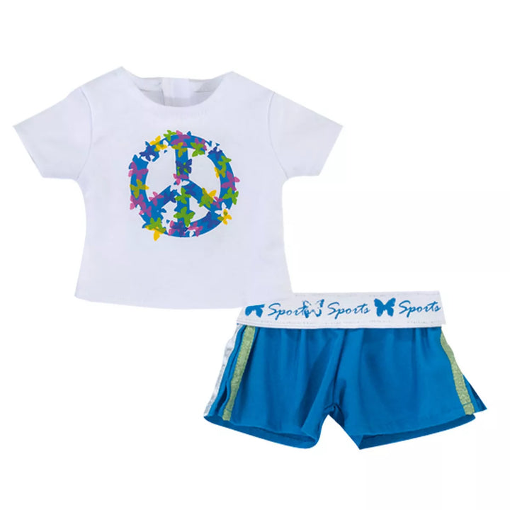 Sophia’S Peace Sign Tee Shirt & Sports Shorts for 18” Dolls, White/Blue