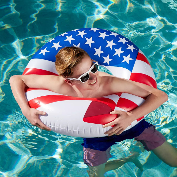 Swimline 90196 round 36 Inch Inflatable Patriotic American Flag Swimming Pool or Lake Tube Lounger Water Float for Kids and Adults, Red, White, Blue