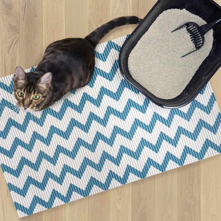 Fresh Kitty Durable XL Jumbo Foam Litter Mat – Phthalate and BPA Free, Water Resistant, Traps Litter from Box, Scatter Control, Easy Clean Mats – Chevron, Blue/White Chevron (9035) One Pack
