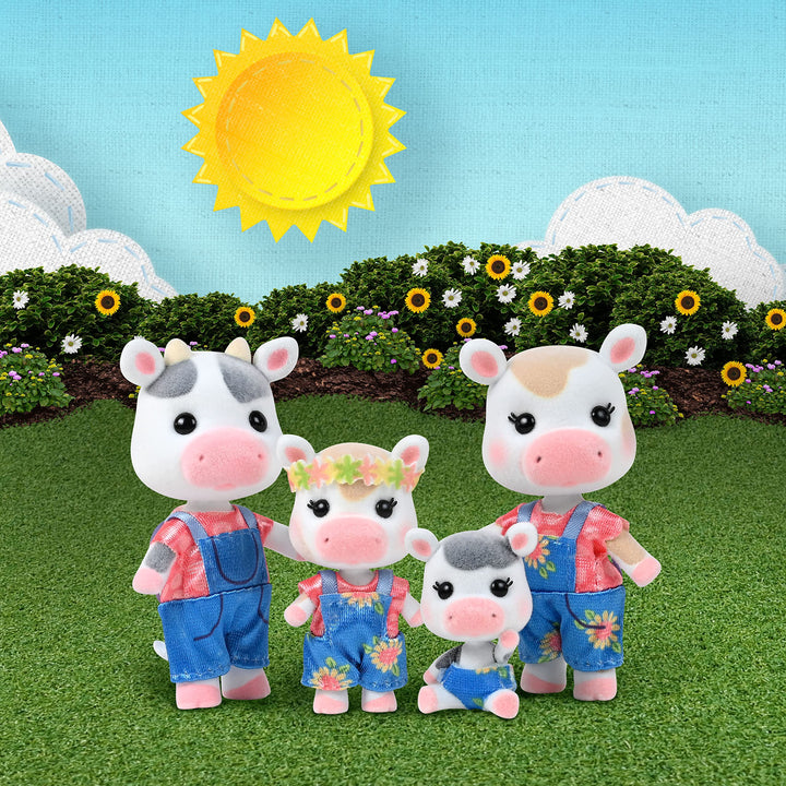 Sunny Days Entertainment Honey Bee Acres Cloverberrys Cow Family – 4 Miniature Flocked Dolls | Small Collectible Figures | Pretend Play Toys for Kids