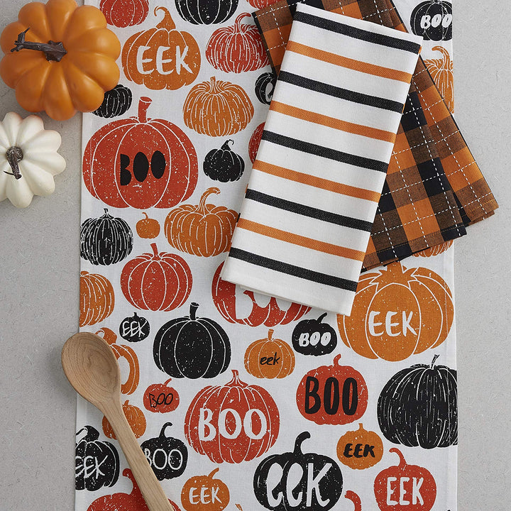 DII Halloween Hand Towels for The Kitchen Decorative Spooky & Fun Cotton Printed Dishtowel Set, 18x28, Pumpkin Boo, 3 Count