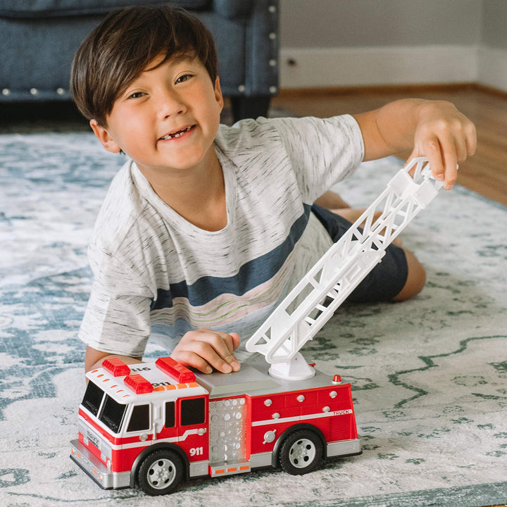 Sunny Days Entertainment Maxx Action 12’’ Large Fire Truck – Lights and Sounds Vehicle with Extendable Ladder | Motorized Drive and Soft Grip Tires | Red Firetruck Toys for Kids 3-8