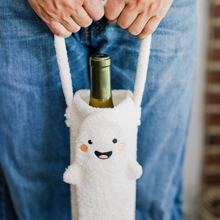 Pearhead Sherpa Wine Bottle Gift Bag, Ghost Wine Bottle Bag, Halloween Party Ideas, Reusable Wine Bags for Travel, Wine Protector Sleeve Case, Funny Fall Housewarming Ideas Ghost Sherpa Wine Bag