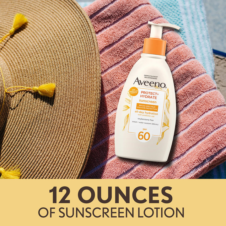 Aveeno Protect + Hydrate Moisturizing Body Sunscreen Lotion with Broad Spectrum SPF 60 & Prebiotic Oat, Weightless, Paraben-Free, Oil-Free & Oxybenzone-Free, Pump Bottle, 12.0 fl. oz