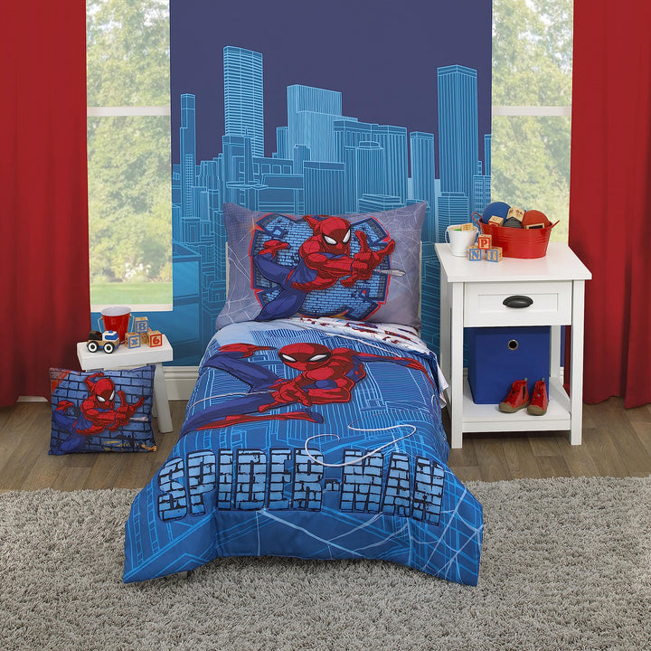 Marvel Spiderman Wall Crawler Red, White, and Blue Spider Webs 4 Piece Toddler Bed Set - Comforter, Fitted Bottom Sheet, Flat Top Sheet, and Reversible Pillowcase Marvel Spiderman