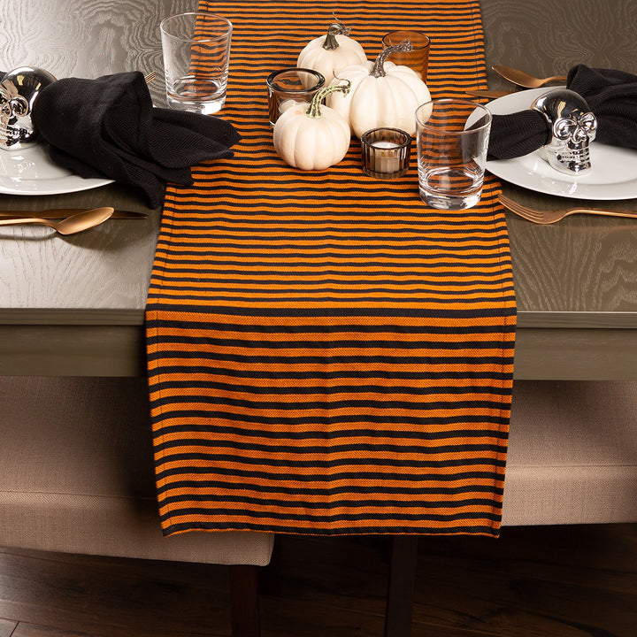 DII Halloween Party Tabletop Decor, Reusable & Machine Washable Cotton Fabric, Table Runner, 14x108, Witchy Black & Orange Stripe Table Runner, 14x108"