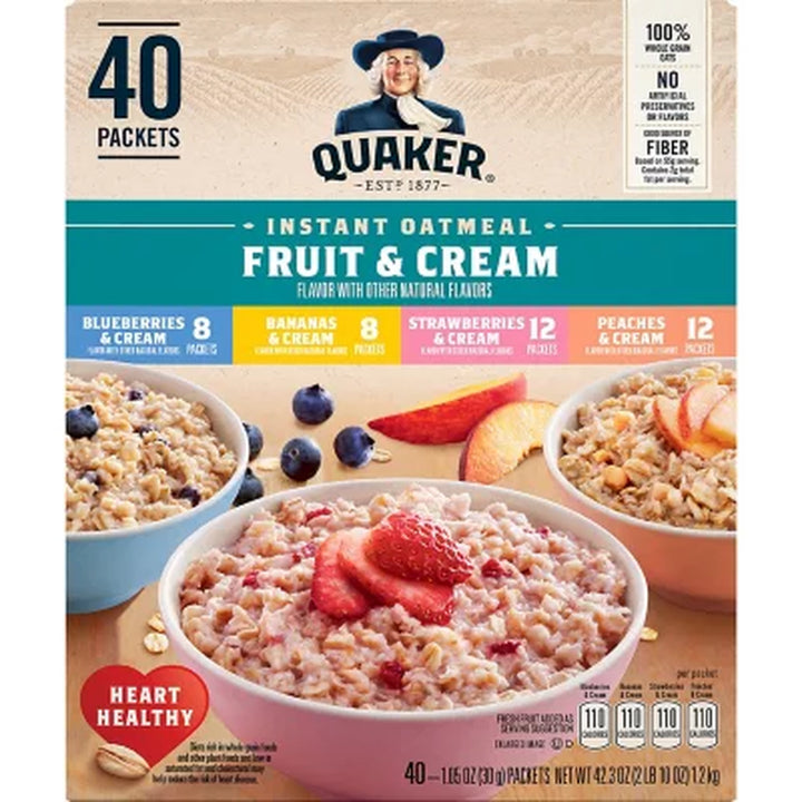 Quaker Instant Oatmeal Fruit & Cream, Variety Pack 42.3 Oz., 40 Pk.